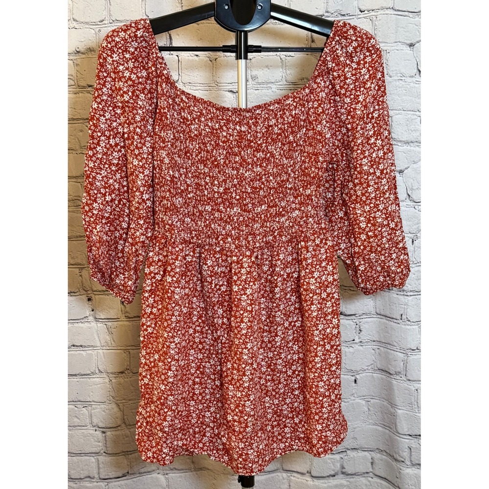 AUW Womens Floral Smocked Babydoll Dress Red White Square Neck Puff Sleeve Large